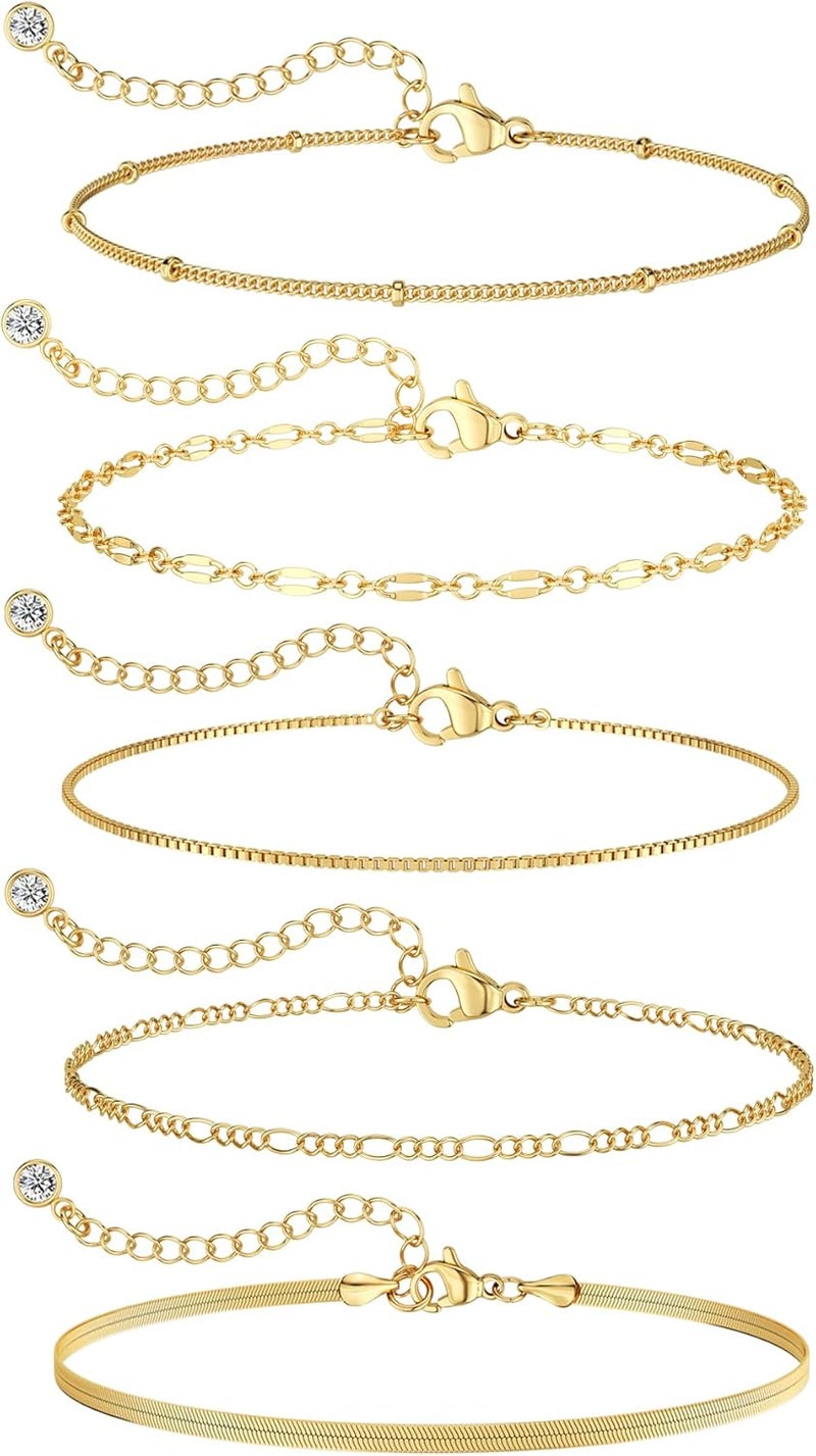 MBW Gold Bracelets for Women Trendy, Dainty 14K Gold Plated Bracelet Stack Beaded Chain Bracelet Set Thin Small Cute Paperclip Bracelets Fashion Waterproof Jewelry Gift Gold Accessories for Women - Image 1